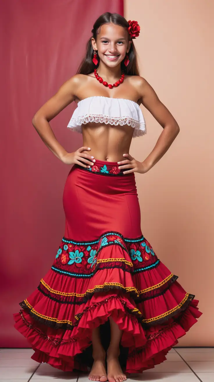 Flamenco-Dancer-in-Traditional-Skirt-and-Ornaments-Smiling-at-the-Camera