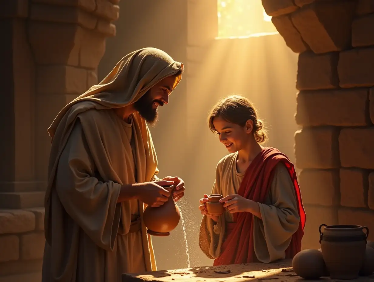 the young Jesus Christ brings water in a clay pitcher to Joseph working hard in his carpentry workshop in ancient Galilee, the Blessed Virgin Mary watches them smiling. The divine aura shines over their heads