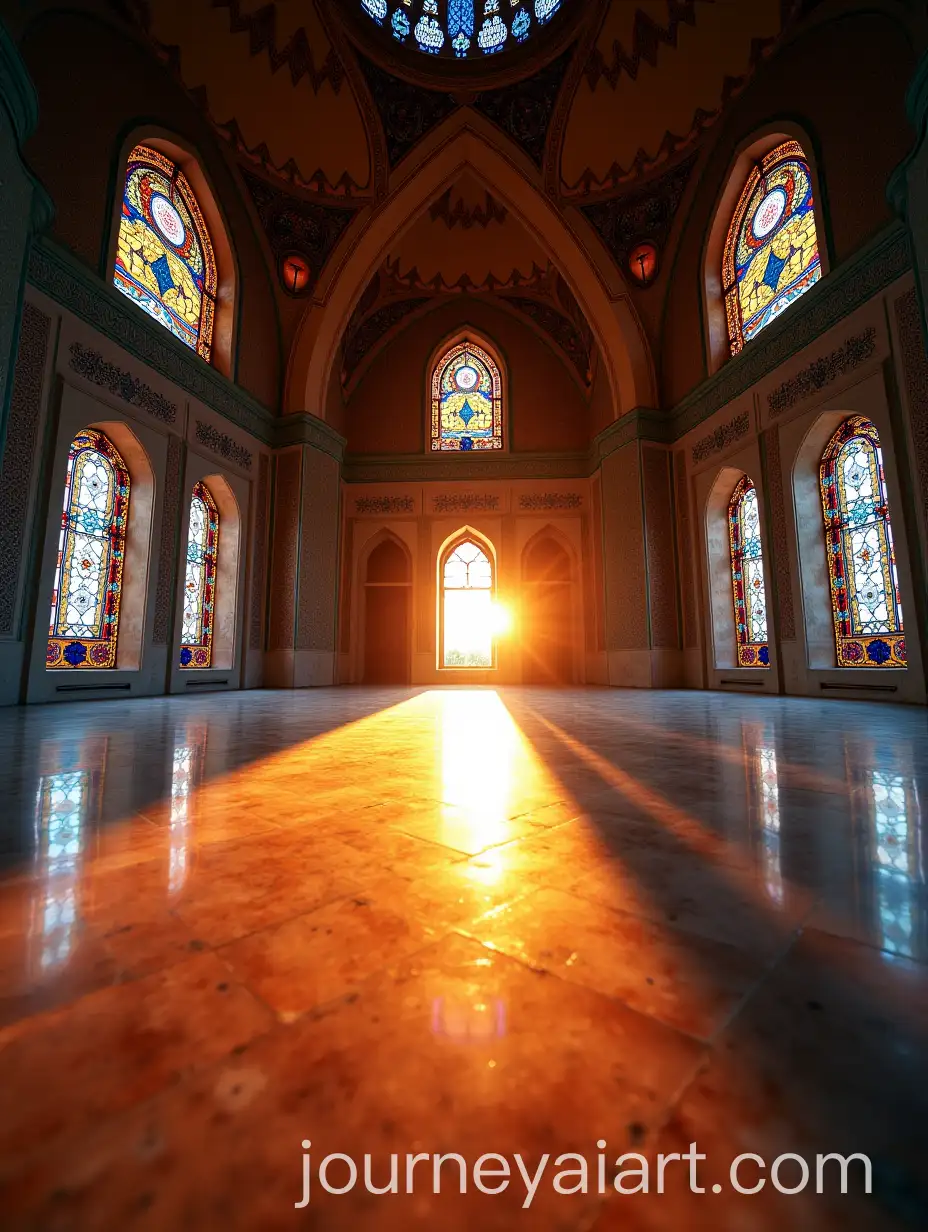 Vibrant-Interior-of-an-Iranian-Mosque-with-StainedGlass-Reflections
