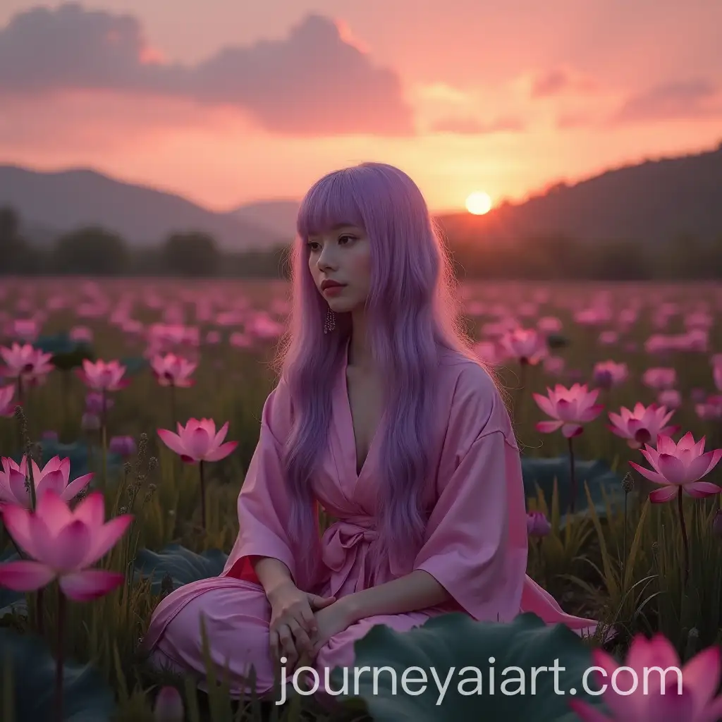 Greek-Goddess-with-Lavender-Hair-in-Satin-Kimono-Surrounded-by-Lotus-Flowers-at-Sunset