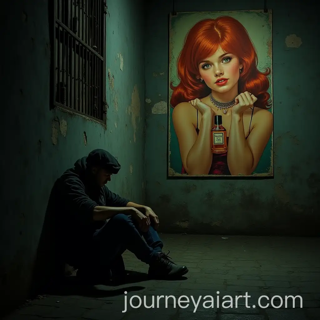 Homeless-Youth-on-a-Dark-Street-with-PinUp-Poster-of-RedHaired-Girl