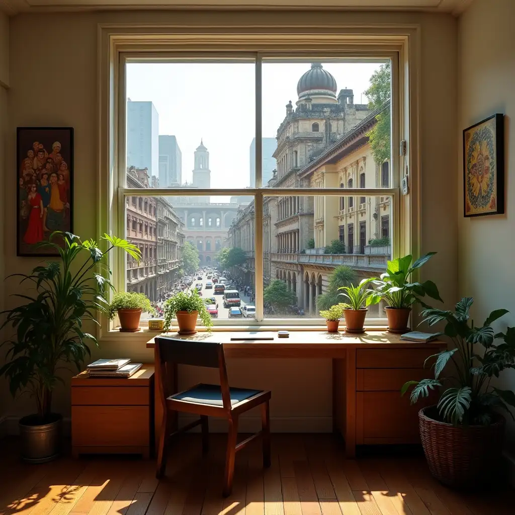 Imagine a sunlit room with a wooden desk near a large window overlooking the city's classic colonial-style buildings or bustling streets. The desk will have books, a laptop, and plants, while the wall will feature Indian-inspired artwork. The view outside can showcase Mumbai’s mix of old and new architecture—perhaps the historic Chhatrapati Shivaji Terminus, a street with colorful buildings, or a skyline with high-rises and palm trees.