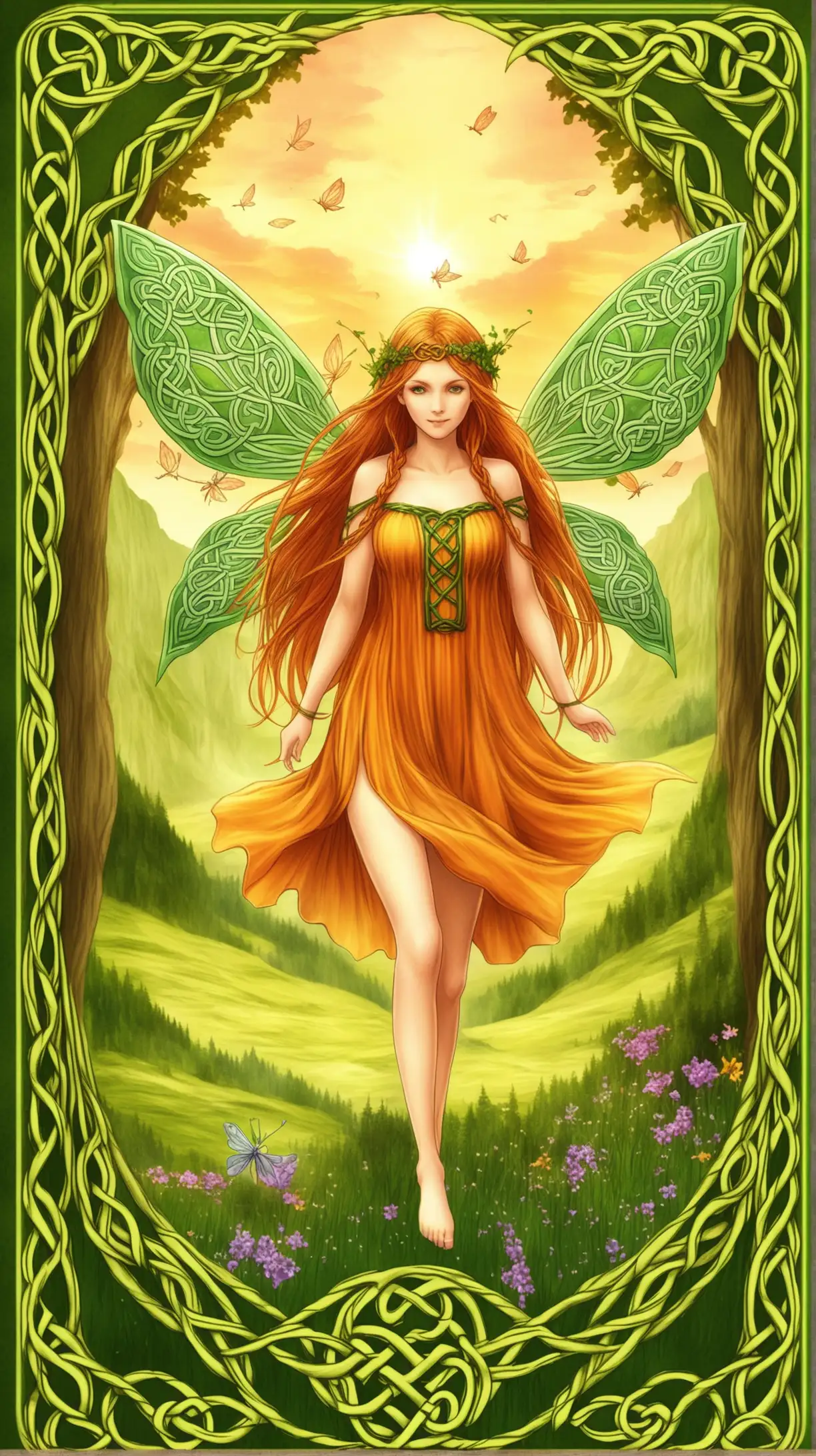 Fantasy novel cover themed around Summer. Celtic fairy themes, warm colors