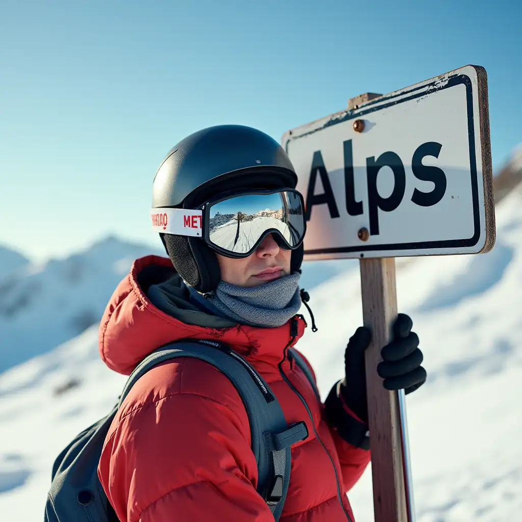 A person wearing ski equipment, they are leaning against a signpost, the signpost is facing us, and it says 'Alps' on it