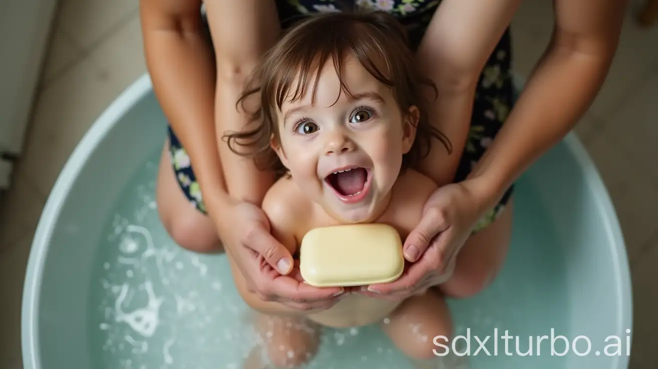 Mother-Washing-and-Caring-for-Two-Little-Girls-in-Plastic-Basin