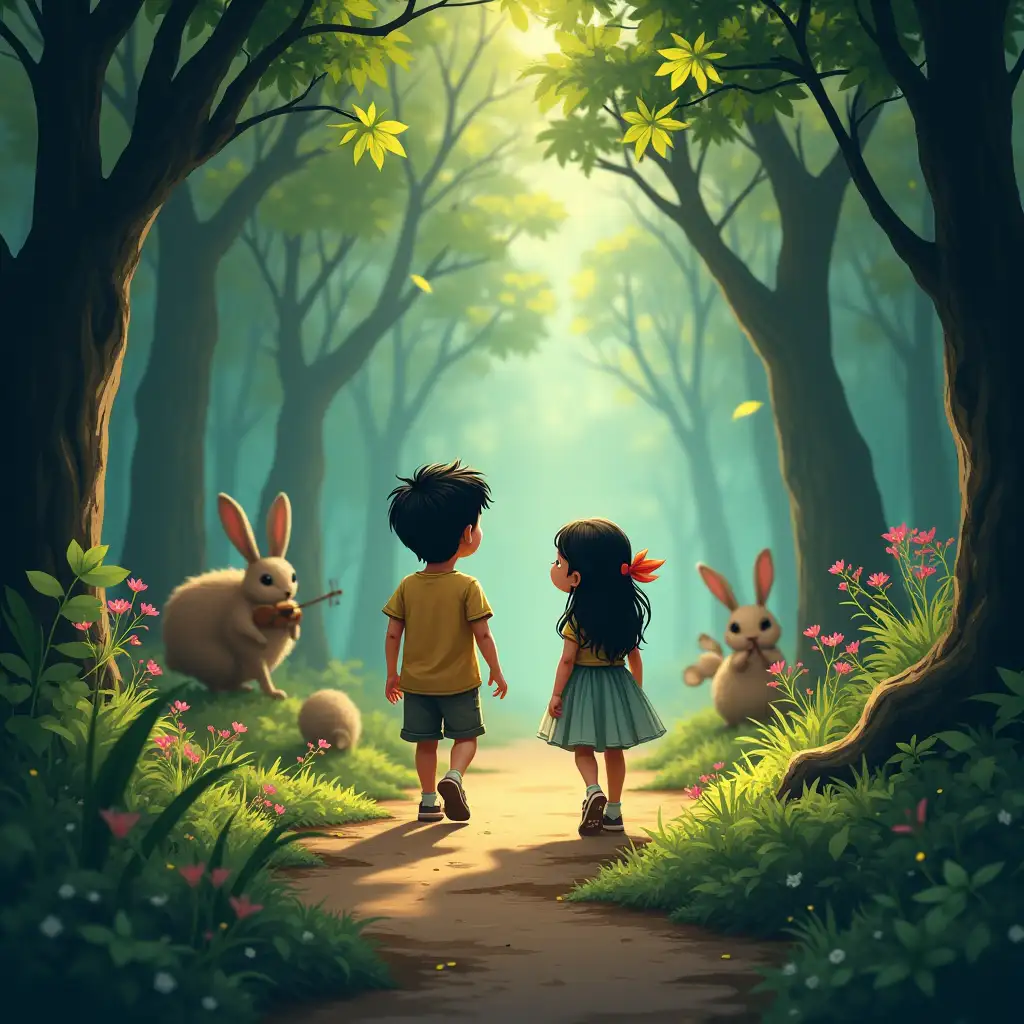 Once upon a time, in a small village surrounded by hills, lived a little boy named Aryan and his sister, Aanya. One bright morning, they discovered a mysterious map hidden under their bed. It showed the way to a magical forest where trees could talk, and animals could sing! Excited, Aryan and Aanya packed some snacks and set out on the adventure. As they entered the forest, they met a talking parrot named Mitthu. “Welcome, dear friends! Follow me, and I’ll show you the wonders of our forest,” Mitthu chirped. They walked past sparkling streams, glowing flowers, and trees that swayed as if they were dancing. Suddenly, they heard a soft melody. It was a group of rabbits playing tiny violins. Aryan and Aanya clapped with joy. “Do you like our music?” asked the head rabbit. “We love it!” replied Aanya. The rabbits invited them to join the forest’s grand festival, where all animals gathered to celebrate. During the festival, Aryan and Aanya played games, danced, and ate delicious forest fruits. As the day ended, Mitthu flew them back to the village, promising to visit again. From that day on, Aryan and Aanya often dreamt about their magical friends and the beautiful forest, hoping to return soon.