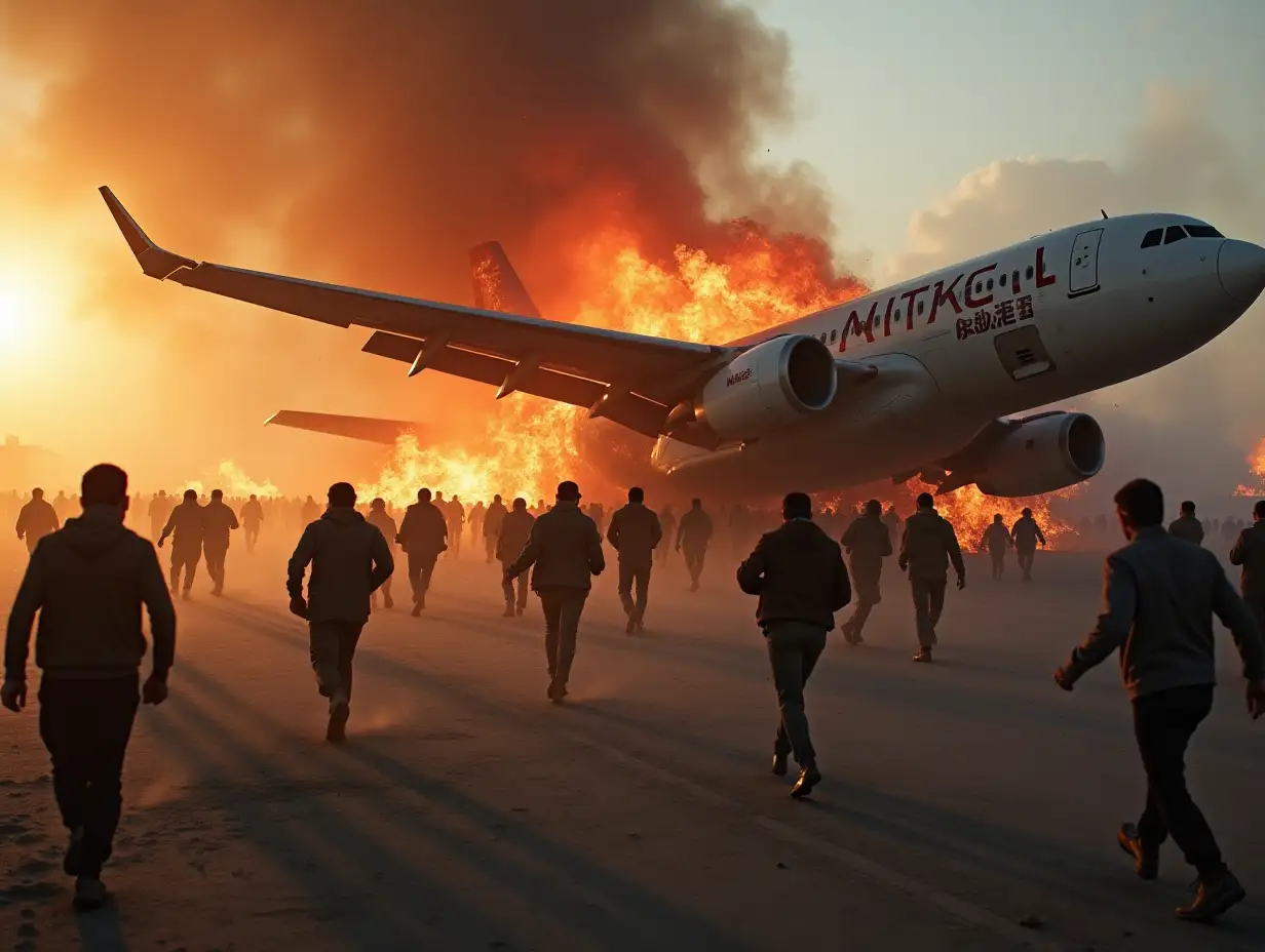 close-up image, crashed airplane, wreckage visible, flames, smoke, dust, deaths, chaos, injured people, running people