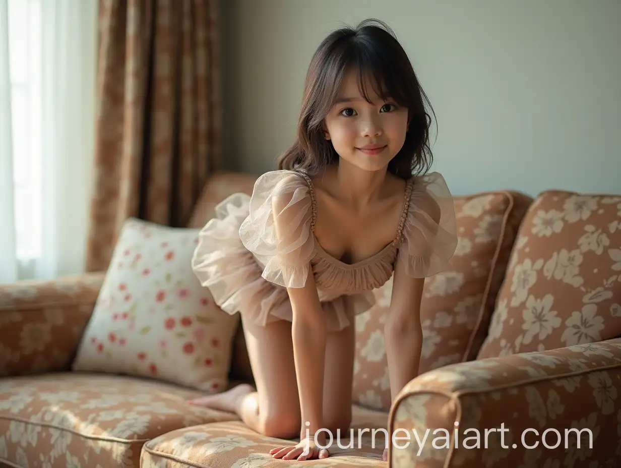 Cute-27YearOld-Chinese-Girl-in-Cat-Pose-on-Plush-Sofa-with-Floral-Mini-Dress
