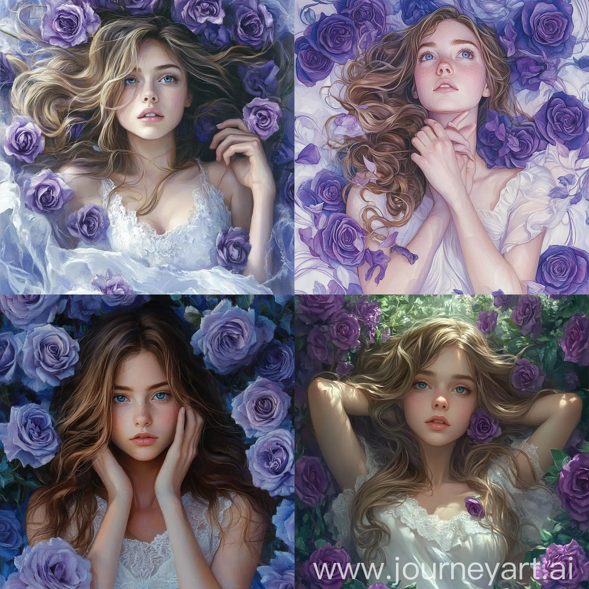 Girl-with-Long-Wavy-Hair-Surrounded-by-Purple-Roses