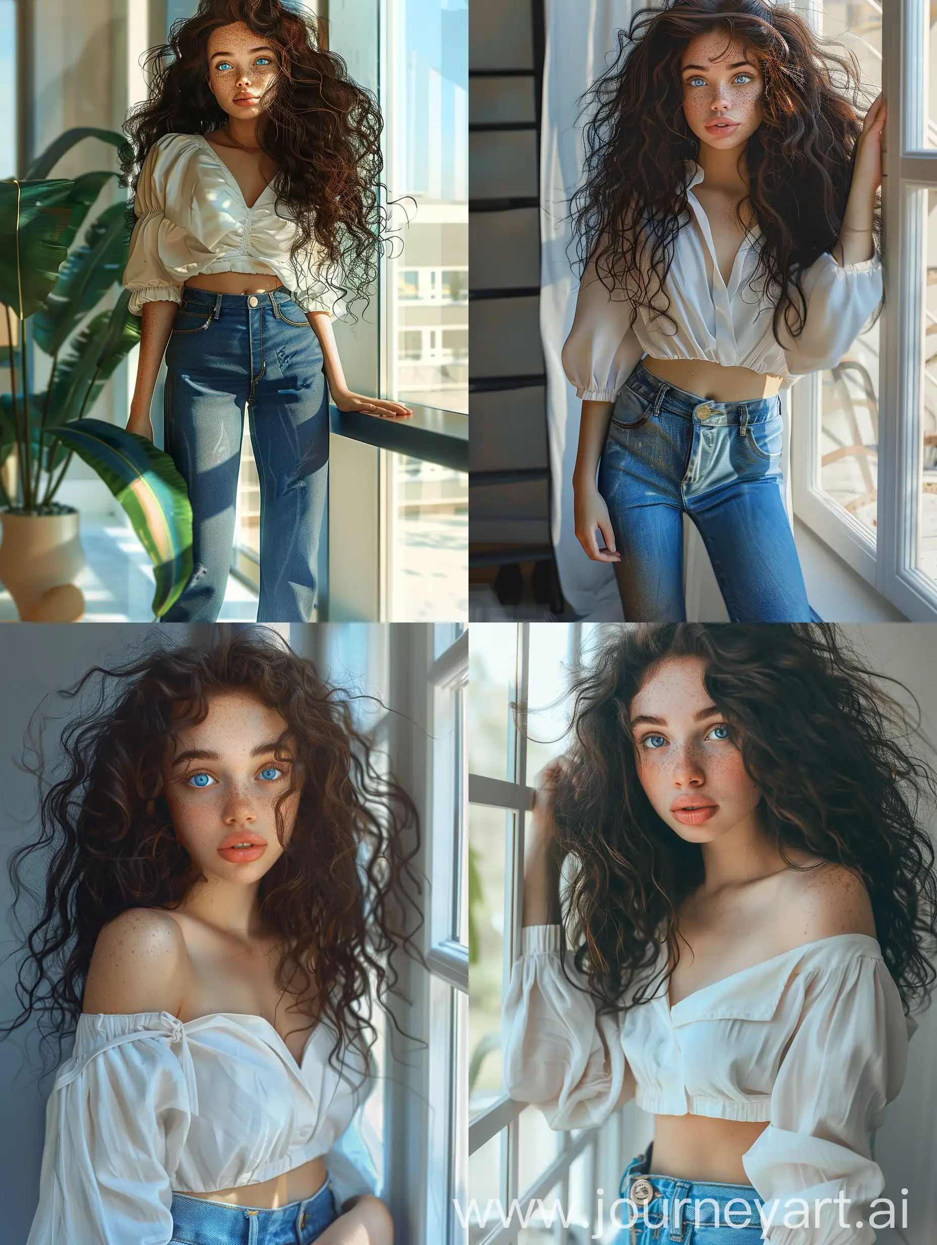 Girl-with-Dark-Curly-Hair-Standing-by-Office-Window-in-Blue-Jeans-and-White-Blouse