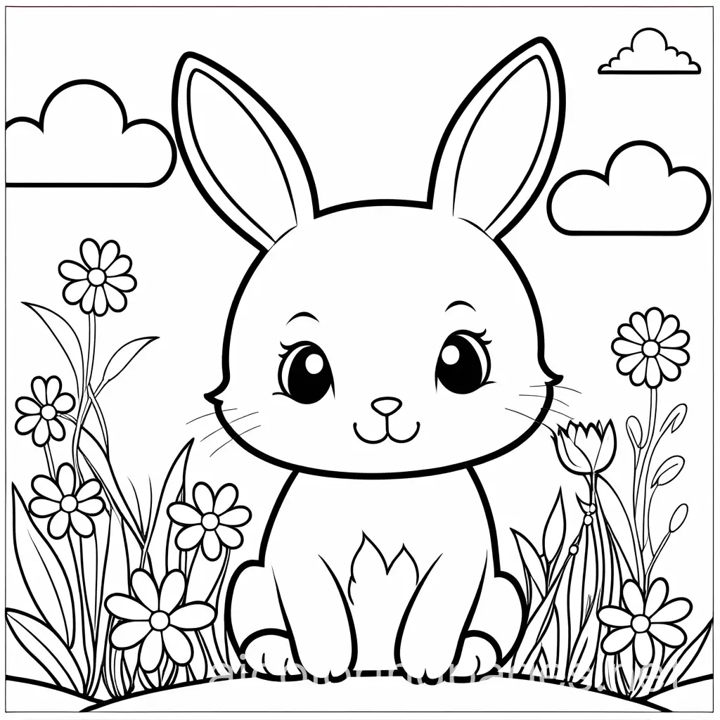 A cute bunny with flowers AND CLOUDS Bold outlines, simple flowers and sky.  coloring page , bold line , white background and ample white space for children to color easily, Coloring Page, black and white, line art, white background, Simplicity, Ample White Space. The background of the coloring page is plain white to make it easy for young children to color within the lines. The outlines of all the subjects are easy to distinguish, making it simple for kids to color without too much difficulty