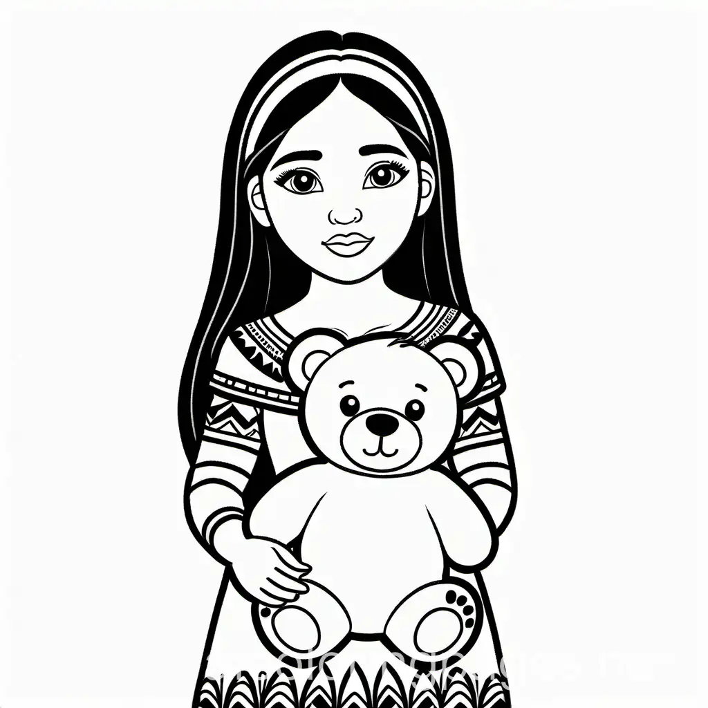 Indigenous girl with a teddy bear, Coloring Page, black and white, line art, white background, Simplicity, Ample White Space. The background of the coloring page is plain white to make it easy for young children to color within the lines. The outlines of all the subjects are easy to distinguish, making it simple for kids to color without too much difficulty