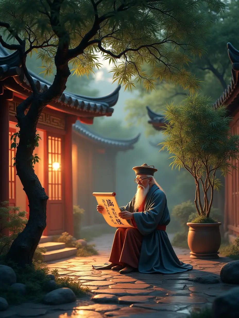 A serene ancient Chinese courtyard at dusk, featuring a wise elder sitting under a tree. The elder holds a scroll with the words 'Crab Law' in elegant calligraphy. Surrounding the elder are symbols of family unity—an intertwined bamboo plant and a flowing stream—illustrating harmony and balance.