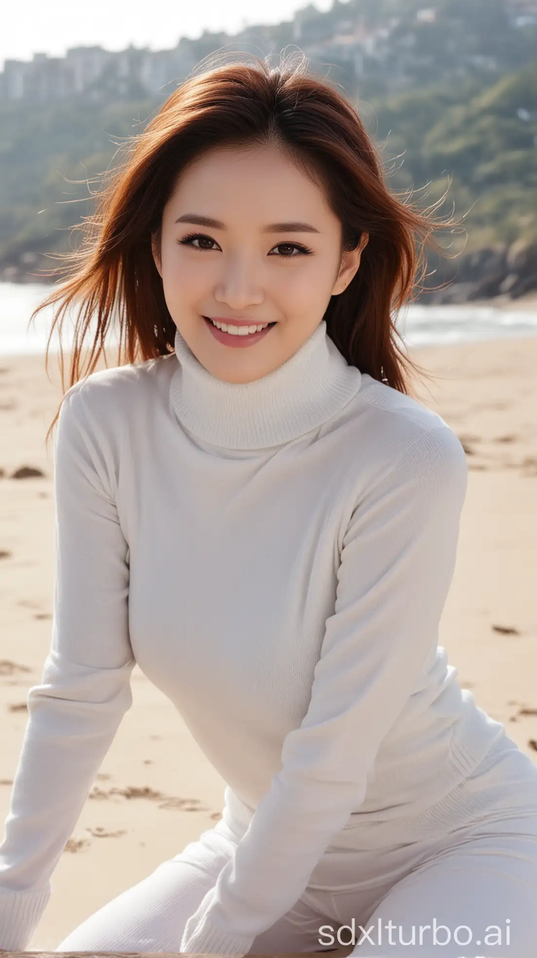 Chinese singer, Wang Fei, fair skin, sexy sweet smile, brown hair, fully made-up flawless white, winter tight white turtleneck sweater, sitting on the beach, beautiful back view