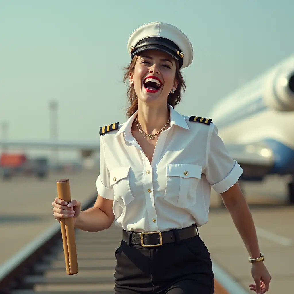 screaming pilot lady , in white unbuttoned airport security shirt, laughing with her mouth open, red lipstick accentuating her smile,belt on waist, jewerly, white skin, HD, holds long riding crop, photo-realism, walking on rails