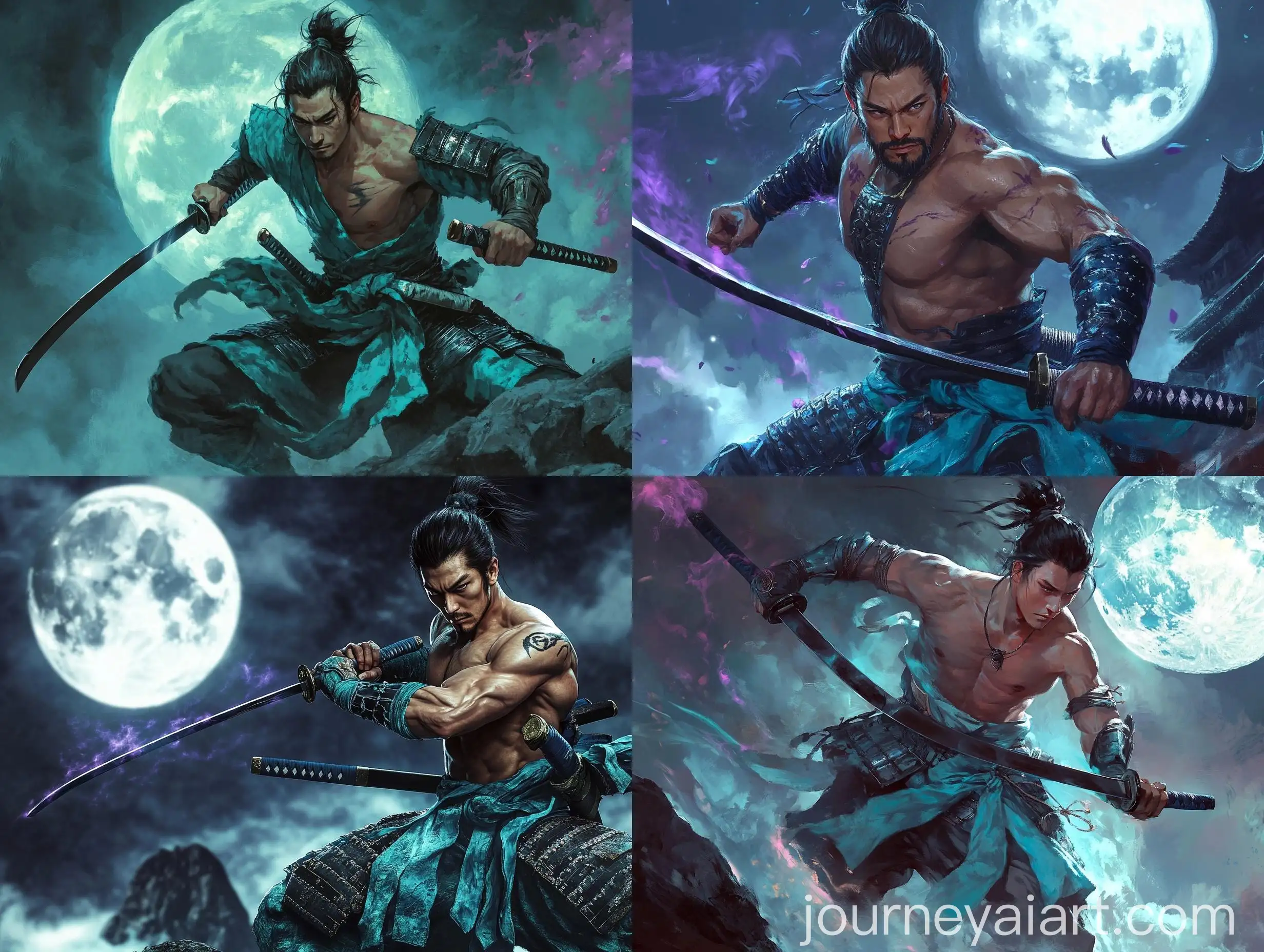 Serious-Asian-Samurai-in-Turquoise-Armor-with-Katana-on-Mountain-at-Night