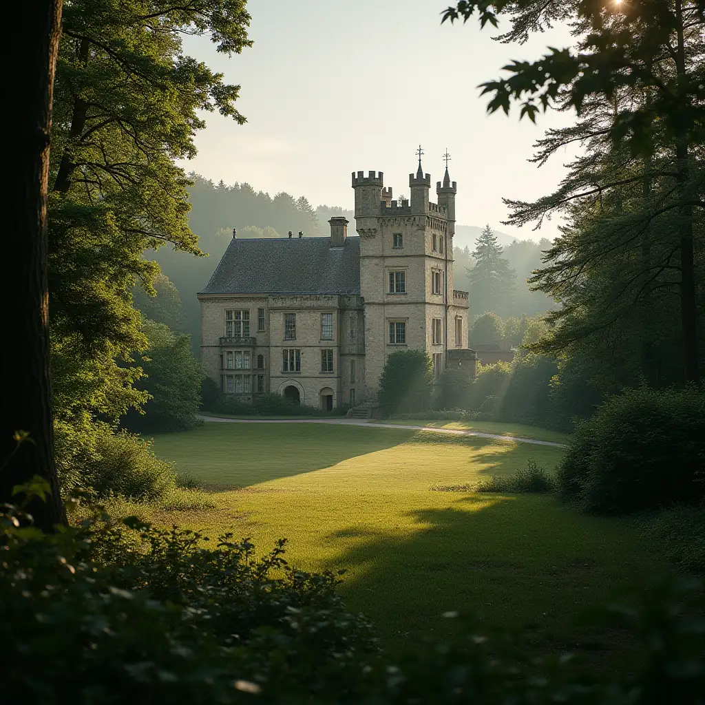 A castle in England. Surrounded by forest, the castle is in the foreground, a glade before it. The castle is bathed in morning light