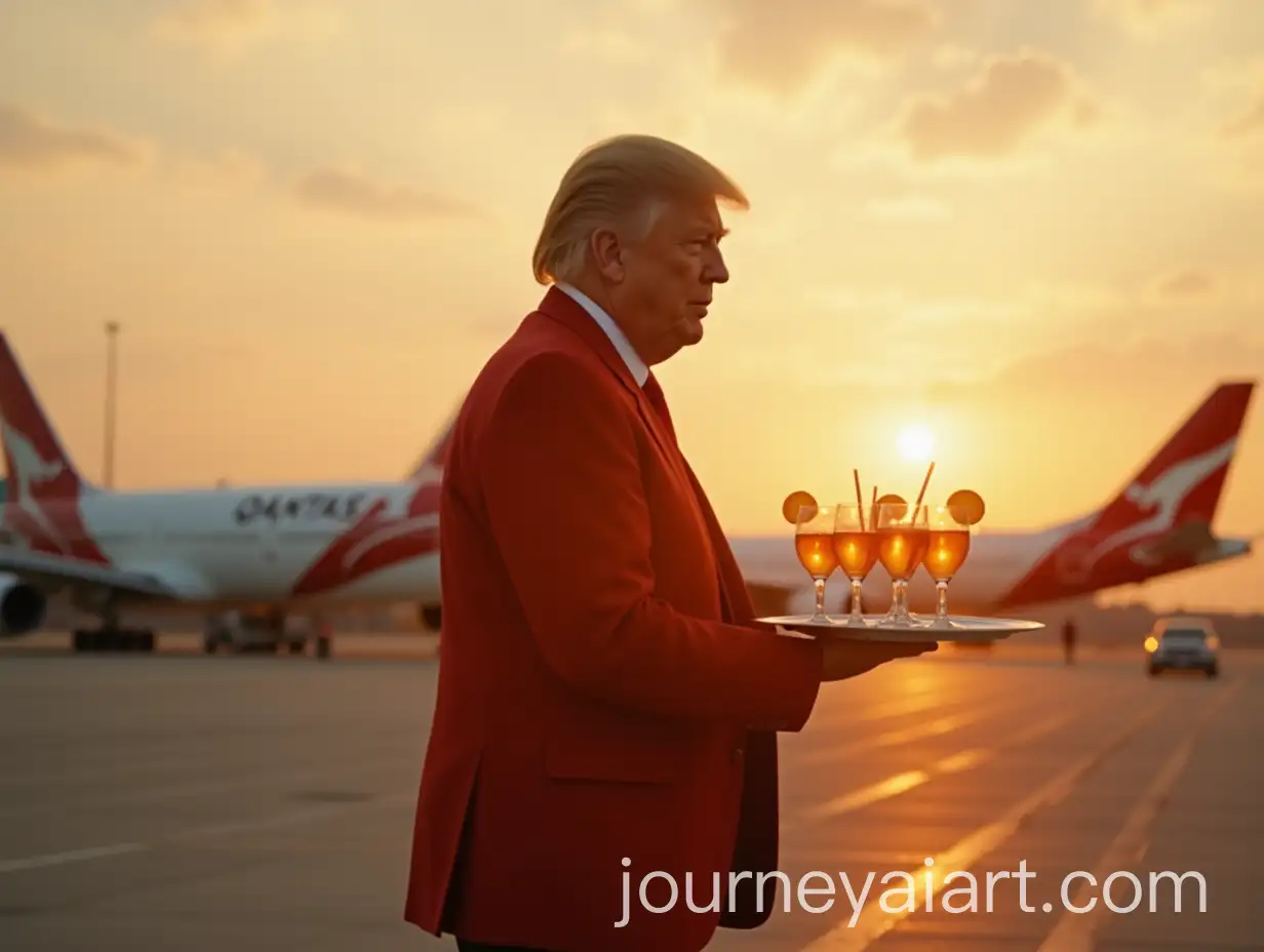 Donald-Trump-in-Qantas-Steward-Uniform-Walking-on-Airline-Runway-at-Sunset-with-Tray-of-Cocktails
