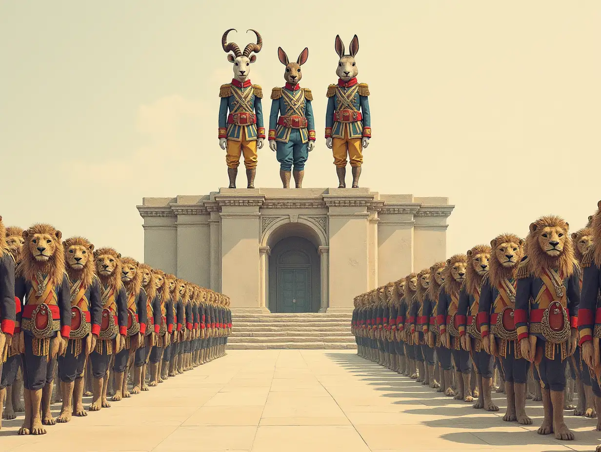 High tribune, on the tribune stand ram, donkey and hare in luxurious modern uniforms with many orders. Before the tribune march in neat rows lions, in simple identical modern uniforms, lions salute towards the tribune, on the chest of lions hang automats. Drawing.