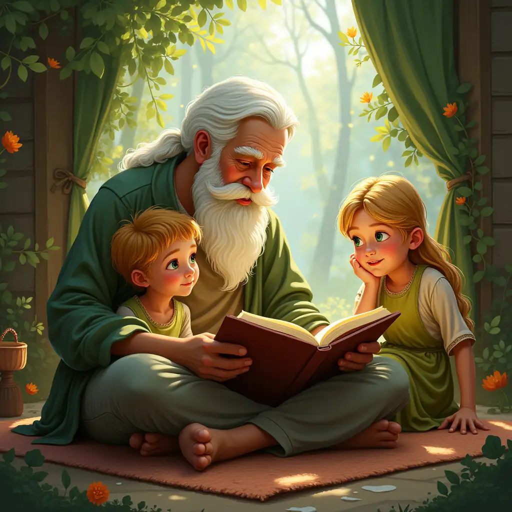 users_prompt: It's about a beautiful fairy tale, in this fairy tale the grandfather is reading to his two grandchildren, a girl, blond, green eyes, 9 years old and a boy, blond, green eyes, 7 years old - can you depict the grandfather while he is reading to his grandchildren?