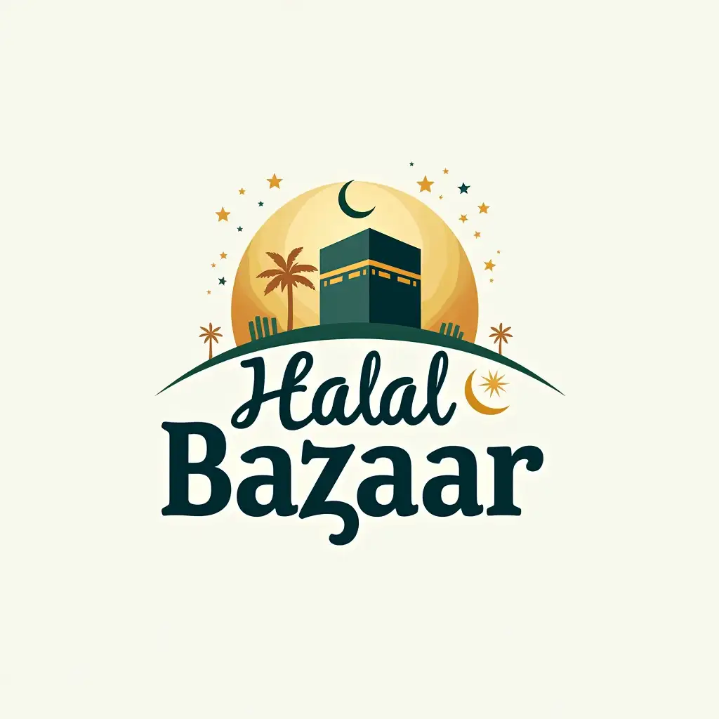 Create an inspiring and elegant logo for 'Halal Bazaar', a halal travel and tourism service. The logo should combine travel symbols like a globe, Kabah, or crescent moon, with elements of adventure and spirituality. Use warm and inviting colors like gold, blue, and green. The design should reflect the balance between faith and exploration, symbolizing halal-friendly travel experiences that align with Islamic values.