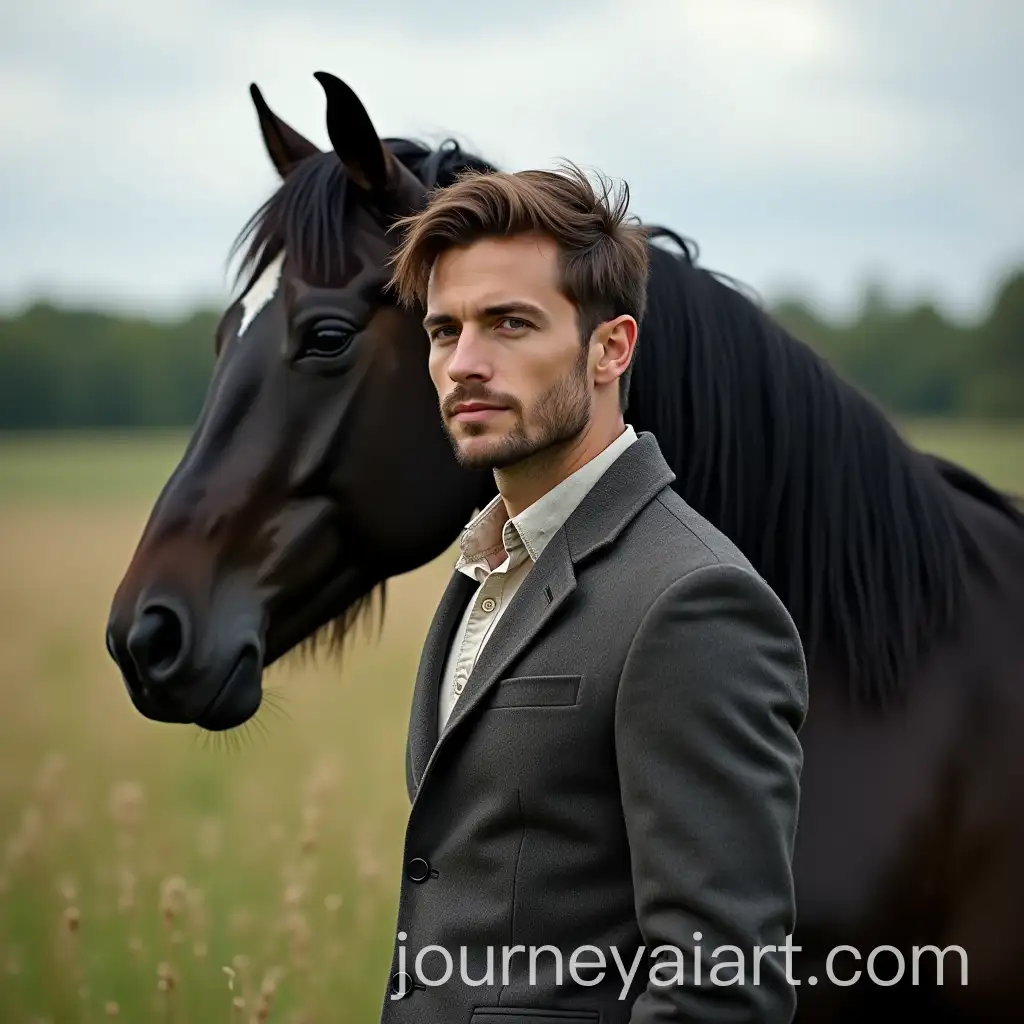 Handsome-Nordic-Man-with-Brown-Hair-and-Blue-Eyes-Riding-a-Black-Horse-in-Magical-Meadows