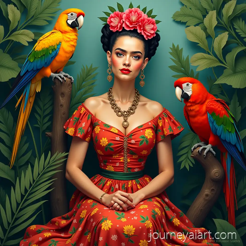 Frida-Kahlo-Surrounded-by-Colorful-Tropical-Birds-andFrida-Kahlo-with-Parrots-Parrots