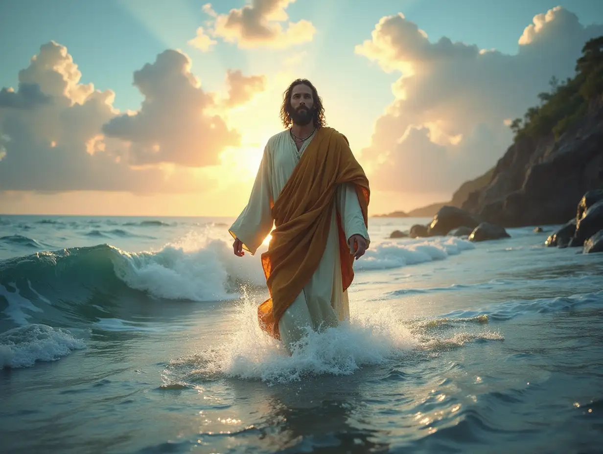 Biblical scene of Jesus walking on water