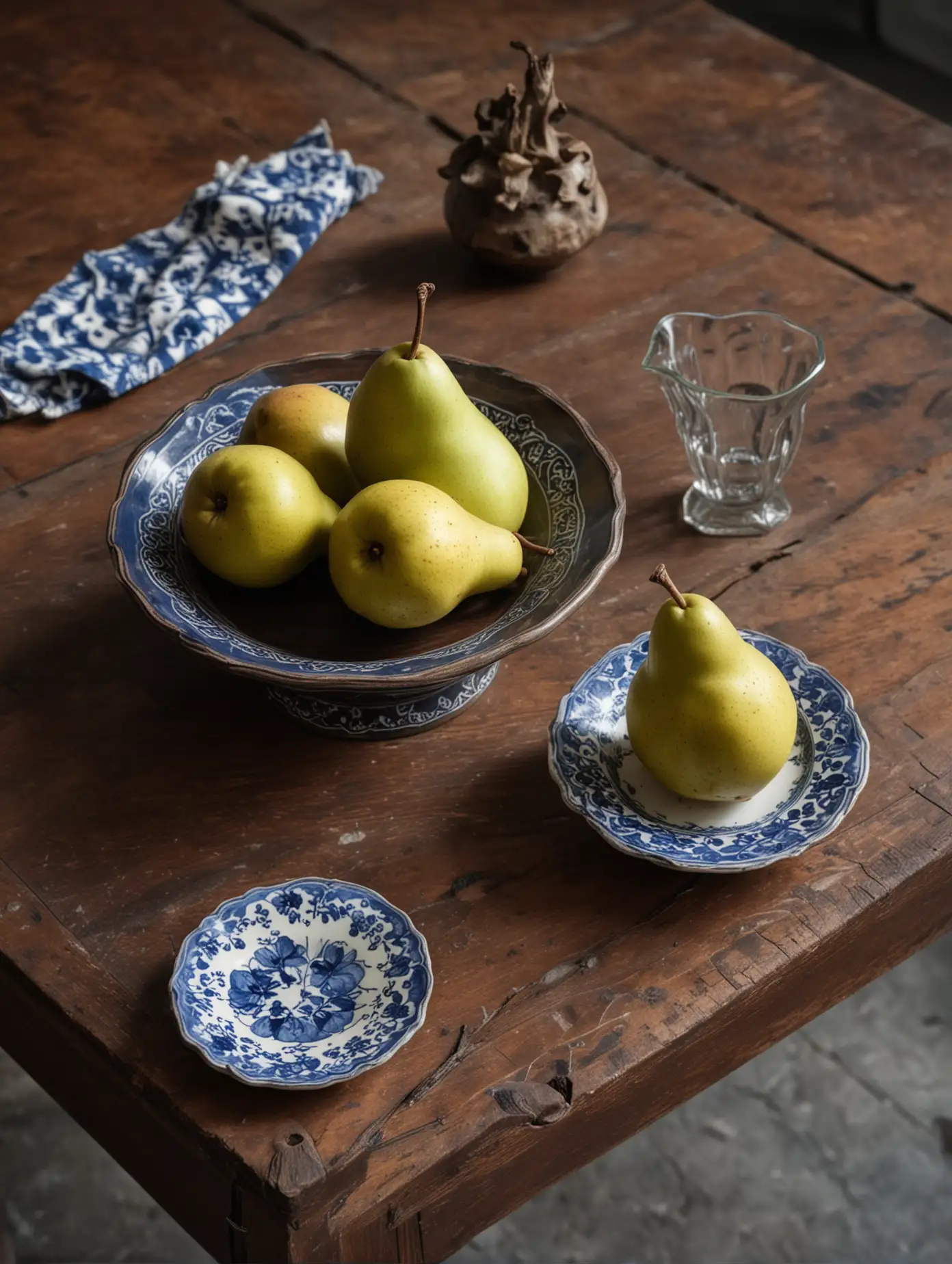 Vintage Wooden Table with Delft Ceramic Bowl and Pears