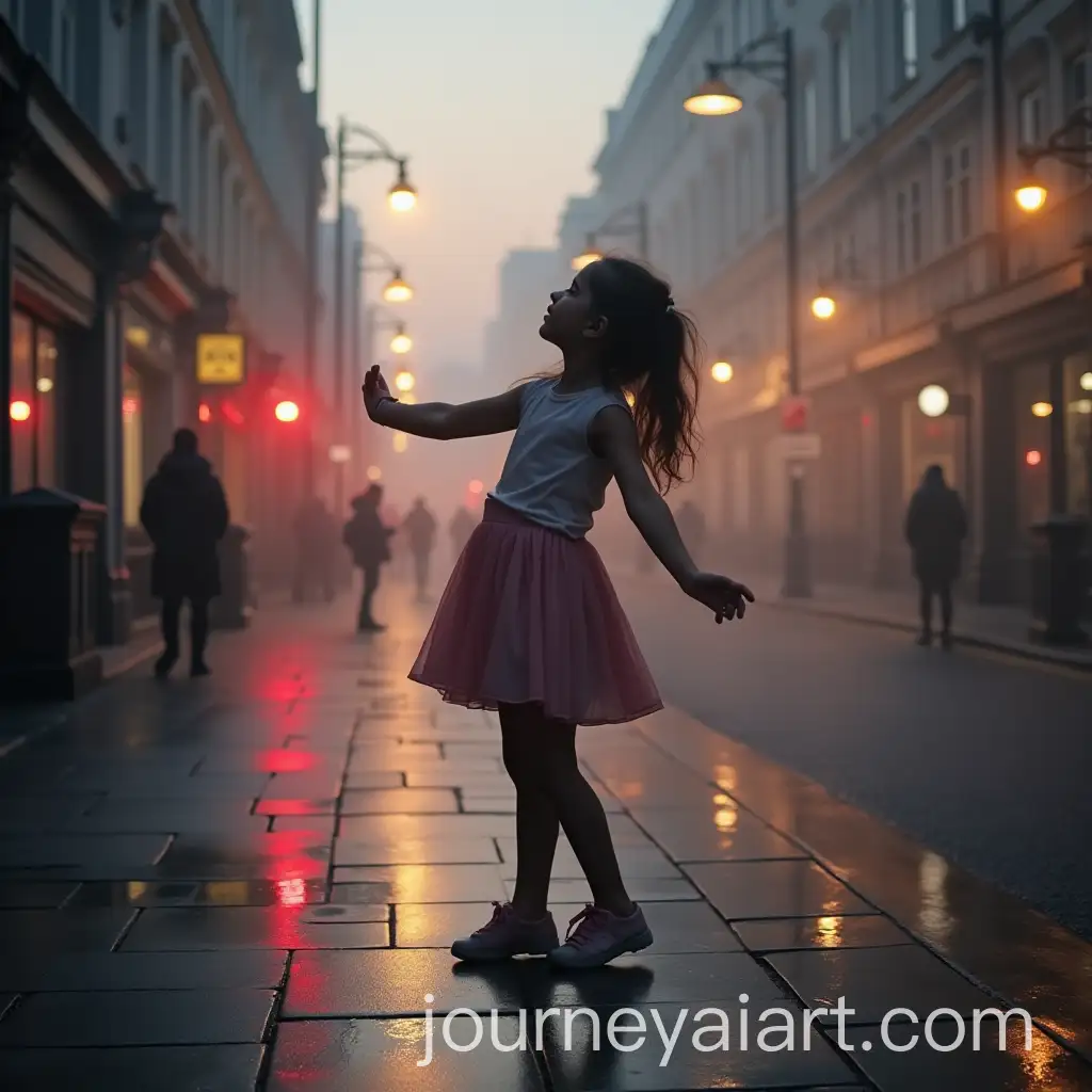 Young-Girl-Dancing-on-Pavement-in-Foggy-London-Evening