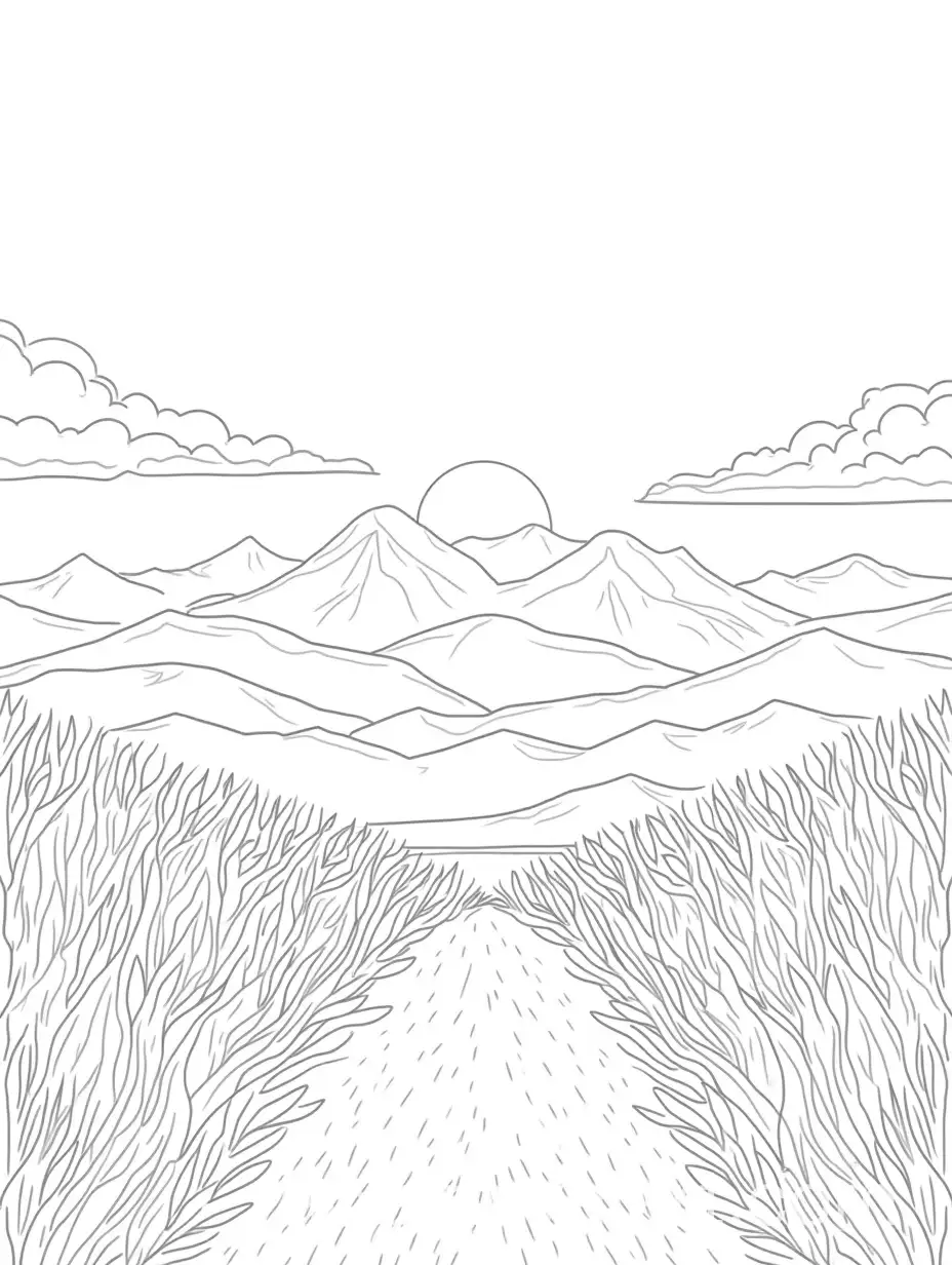 Lavender-Field-with-Mountains-and-Sunset-in-Contour-Drawing-Style-for-Coloring