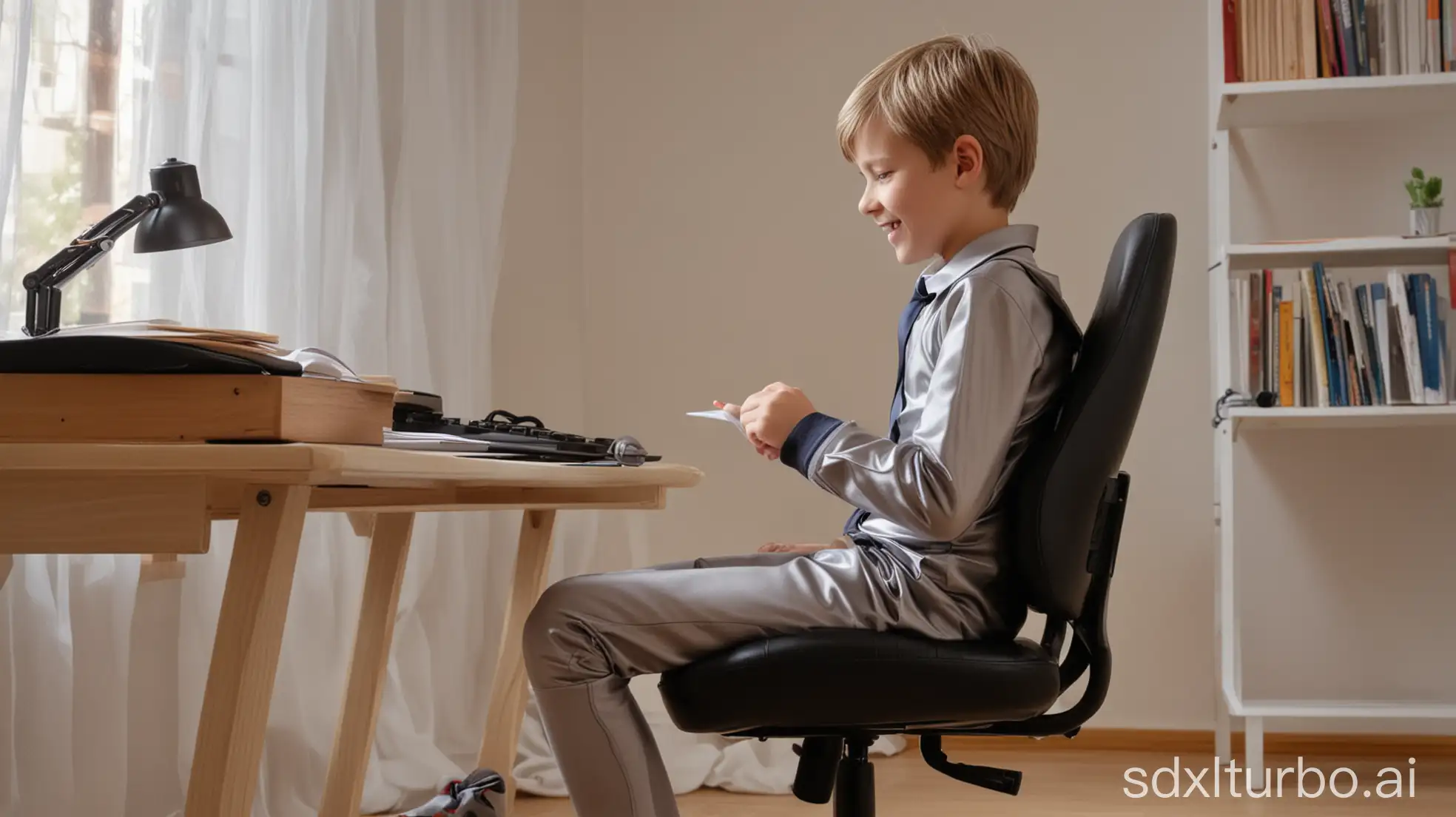 TenYearOld-Boy-in-Ergonomic-Chair-Doing-Homework-in-Skintight-Rubber-Suit