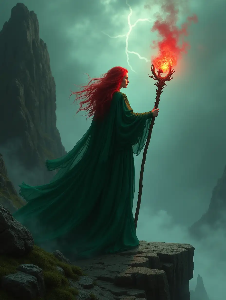 witch, red hair, green clothing, staff raised up, the top of the staff is glowing red, steep rock, storm, hyperdetailization, realism, surrealism, mysticism, dark atmosphere, dark fantasy