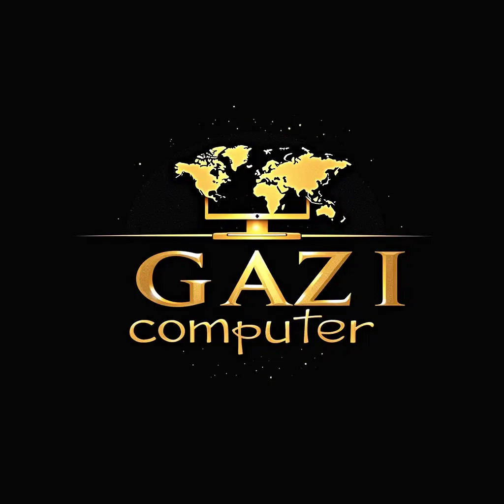 A logo of a shop, named GAZI COMPUTER written with stylish font, [ black and glittering gold color combination ] , a computer and world map structure