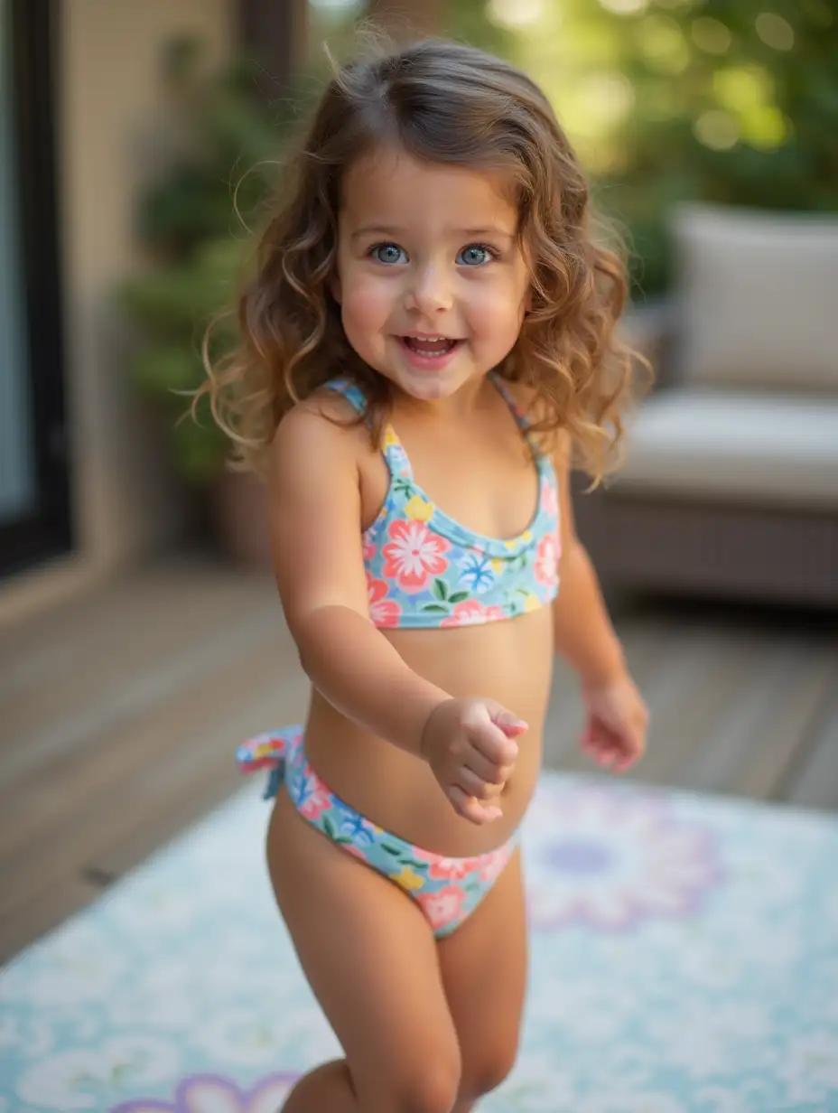 Slender-Girl-in-Colorful-Swimsuit-Dancing-on-Wooden-Deck