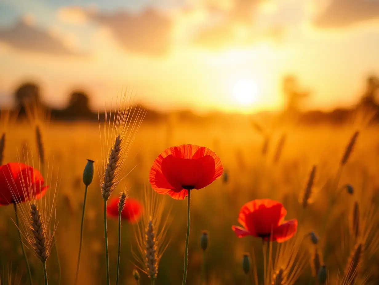 Beautiful landscape from golden field of Barley with Red Poppies (Papaver) in the warm light of the rising sun, panoramic background banner panorama