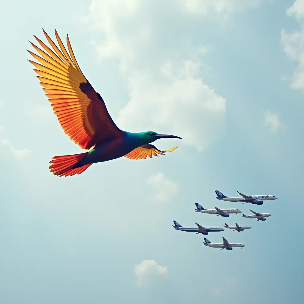 20 huge rainbow colored birds flying above 20 airplanes in the sky