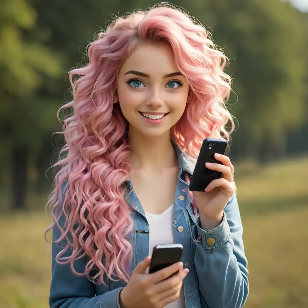 Young-Woman-with-Blonde-Curly-Hair-Holding-Mobile-Phone