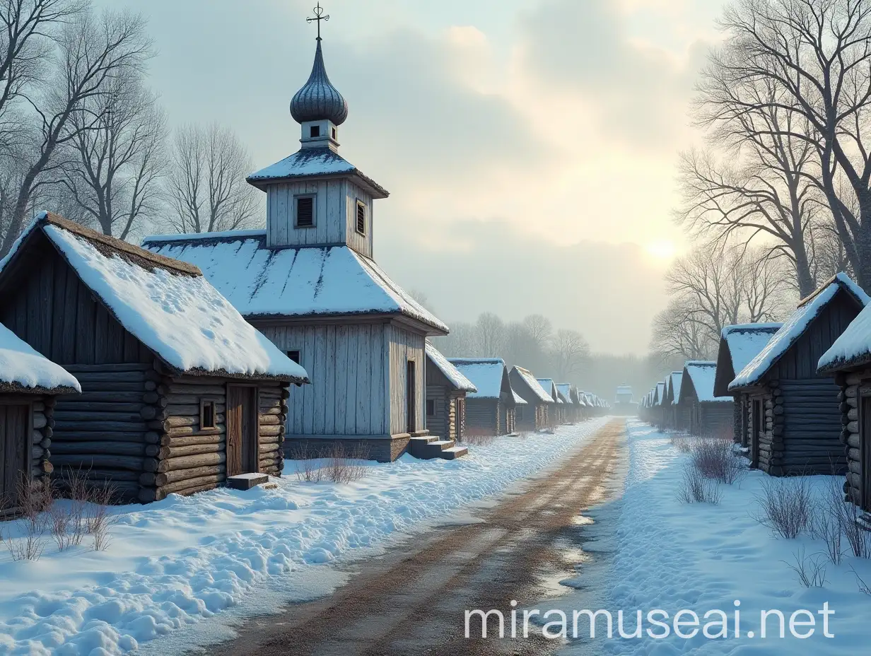 Late 18th Century Russian Village in Winter with Wooden Huts and SnowCovered Church