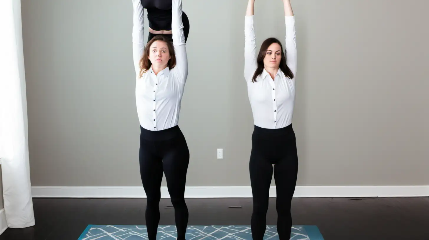 Brunette Woman and Teen Daughter Doing Overhead Squat Exercise Together