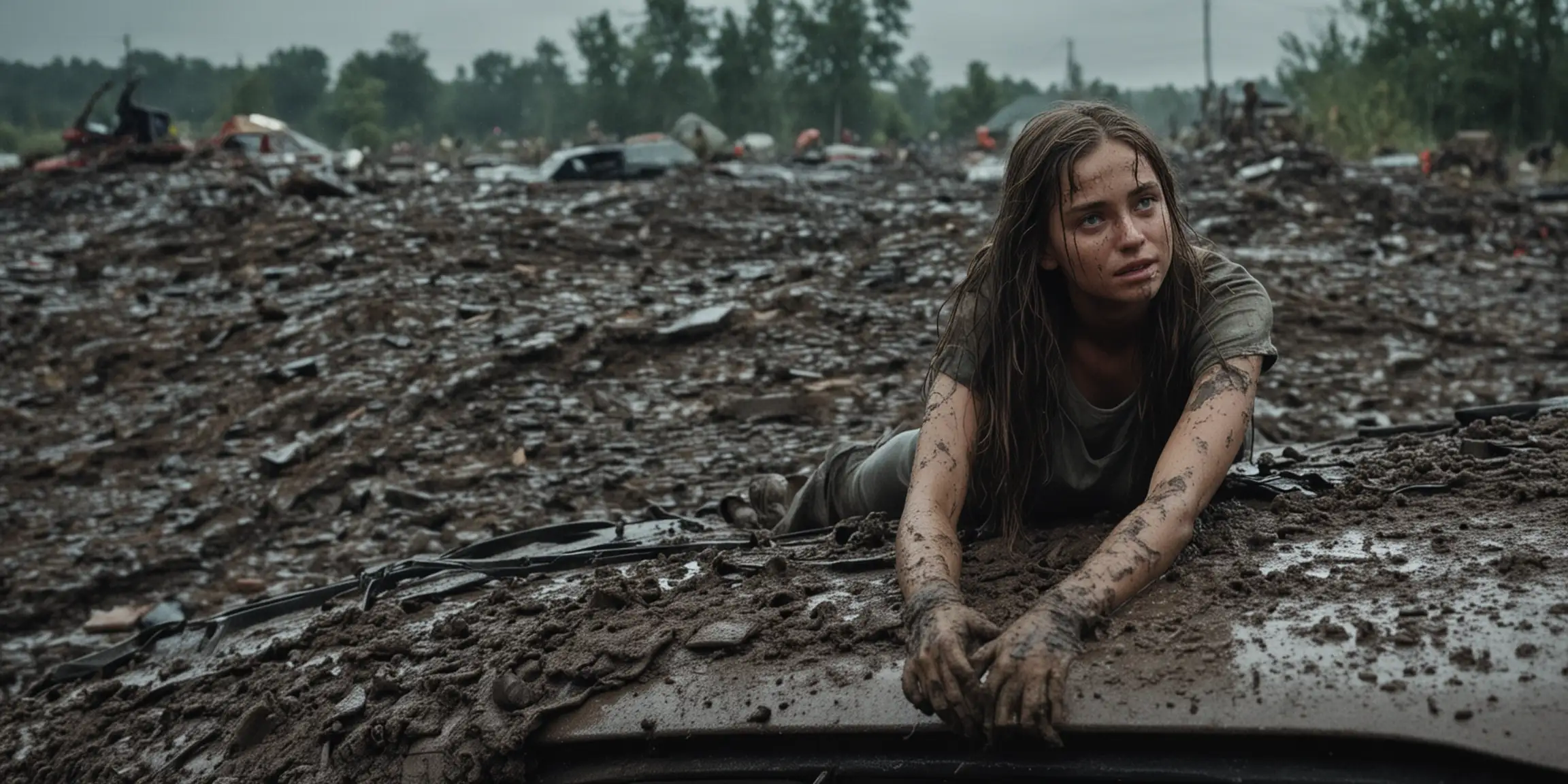 Young Woman Waiting on Tilted Car in Dark Muddy Place