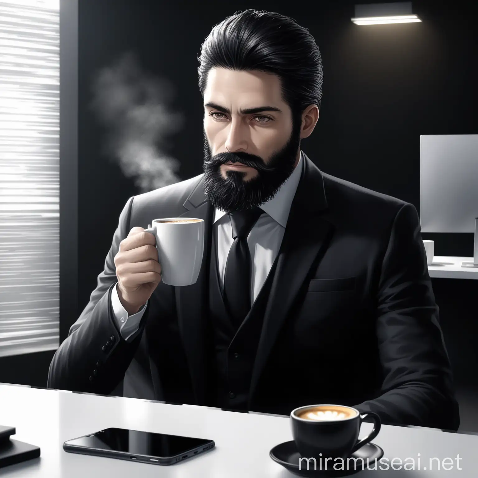 Professional Bank Employee at Desk with Steaming Coffee