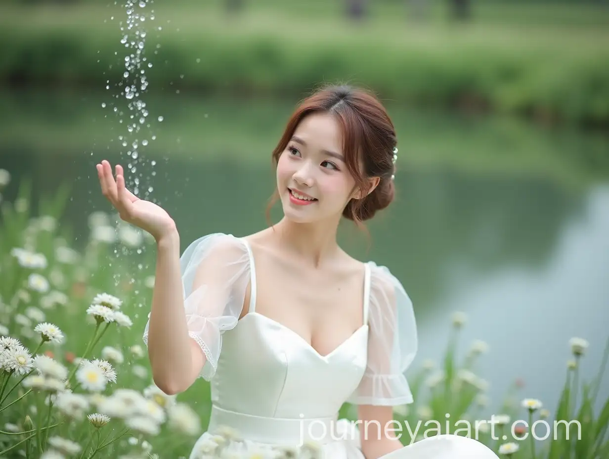 Cute-Kpop-Female-Idol-in-White-Silk-Dress-Sitting-in-Flower-Field-with-Water-Pouring-on-Her-Hand