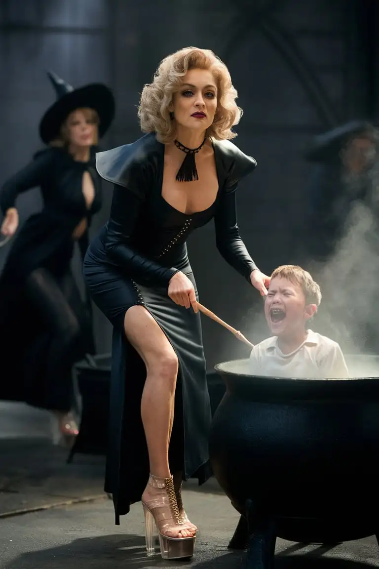 A captivating cinematic photo of a stunningly very beautiful very sexy  mature aged witch, dressed  in a tight black dress with a slit and a deep neckline, in transparent sandals with a very high platform and heels, She is seen (cooking a boy in a large cauldron:1.5), while he screams in pain, his eyes fixated on her neckline. , 4k