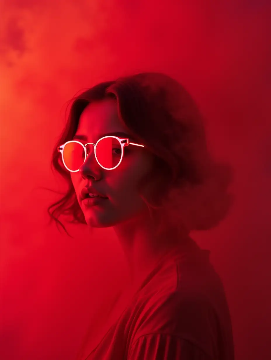 a beautiful young lady with neon shinny red glasses, emerging from a red smoke Cloud