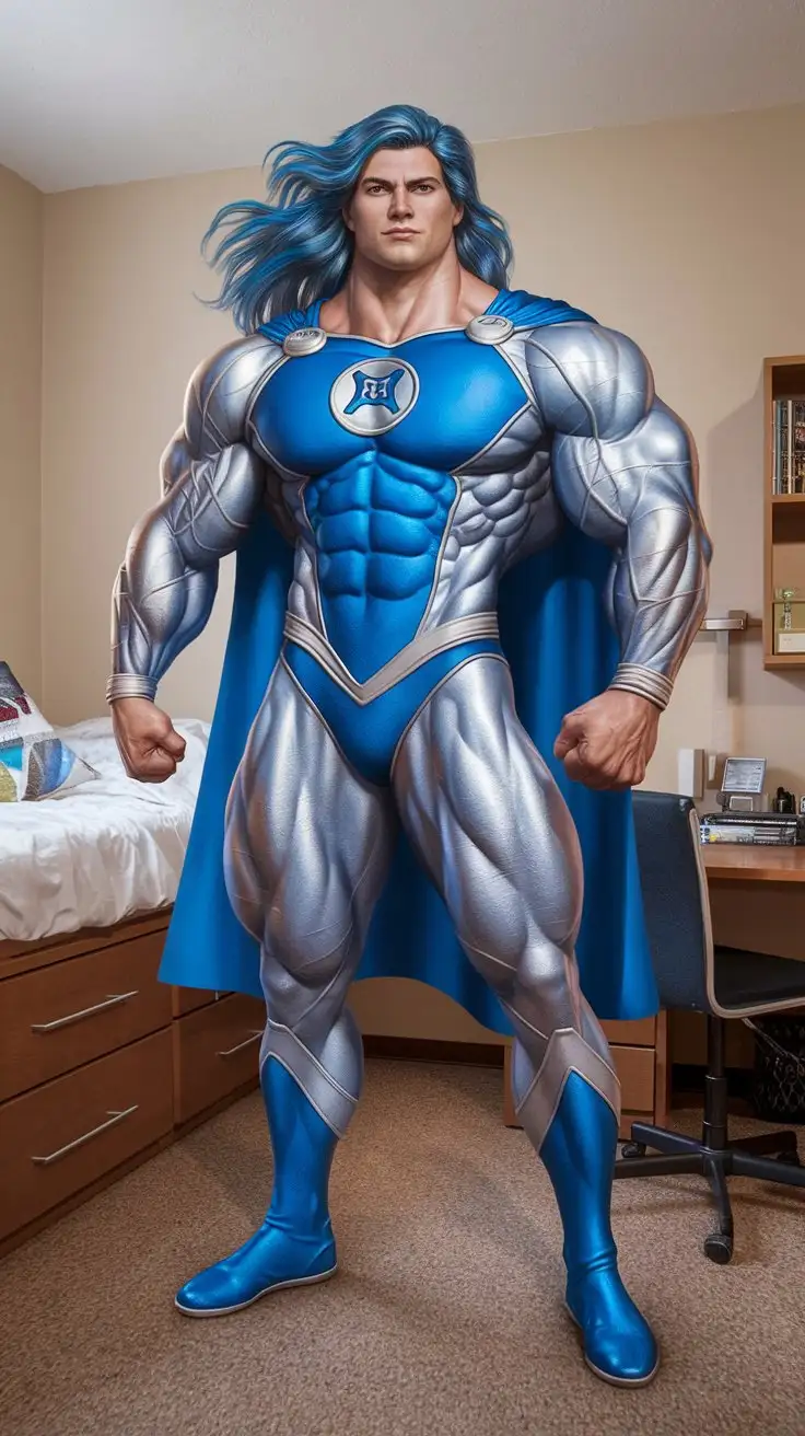 College-Bodybuilder-in-Skintight-Blue-and-Silver-Superhero-Uniform