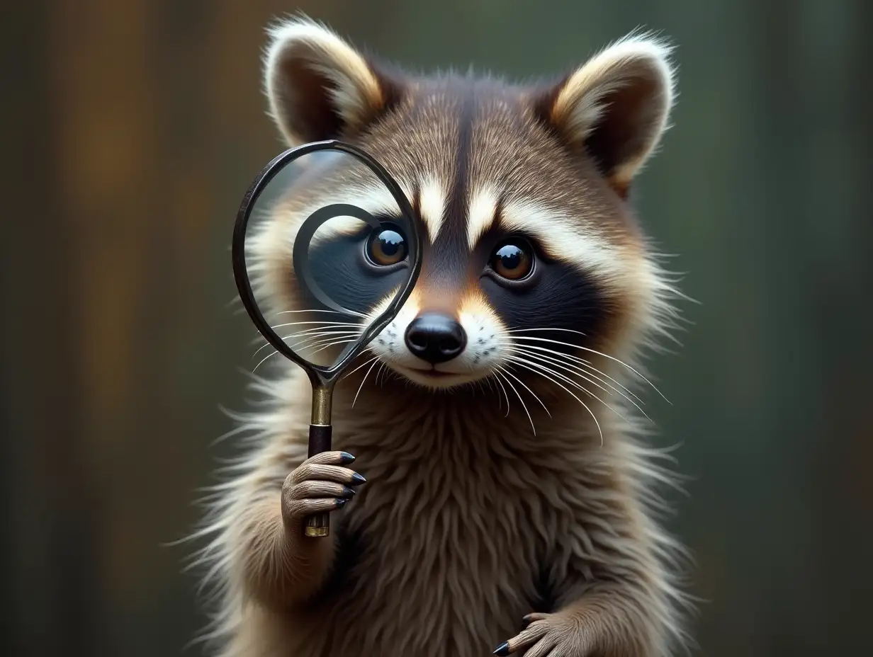 A raccoon holding a magnifying glass