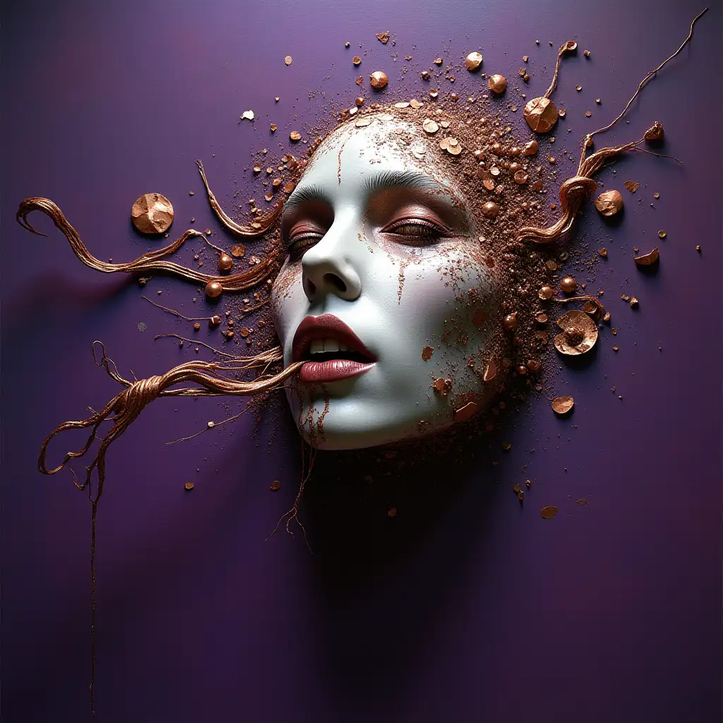 A spellbinding, surreal artwork that pushes the limits of painting and sculpture. A haunting face emerges from a deep, rich purple canvas, its features shattered and meticulously reconstructed using intricate copper and silver details. Shimmering, metallic strands extend outward from the face, transforming into a fluid, graceful figure that appears to dance in the air, as if caught in a moment of ethereal motion. The composition explores themes of metamorphosis, artistic innovation, and the blending of different media. Captured with a Hasselblad X1D II 50C, 120mm lens, ISO 800, f/32, 1/15s, using a combination of side lighting and backlighting to create a sense of depth, emphasize the artwork's textures, and imbue the scene with an otherworldly atmosphere.