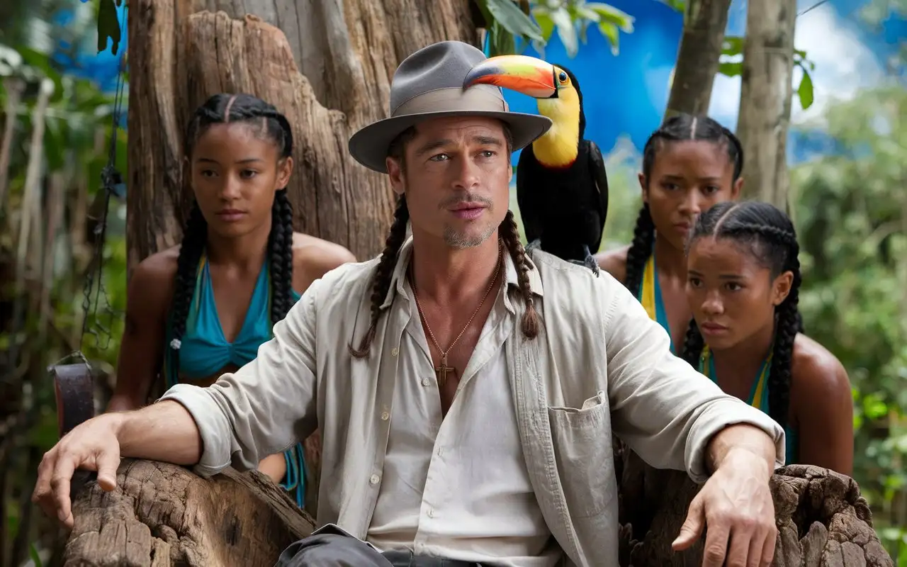 Brad Pitt with Black Braids and Fedora Hat Sitting on Tree Trunk Chair in Amazon Rainforest with Native Amazonian Girls and Toucan