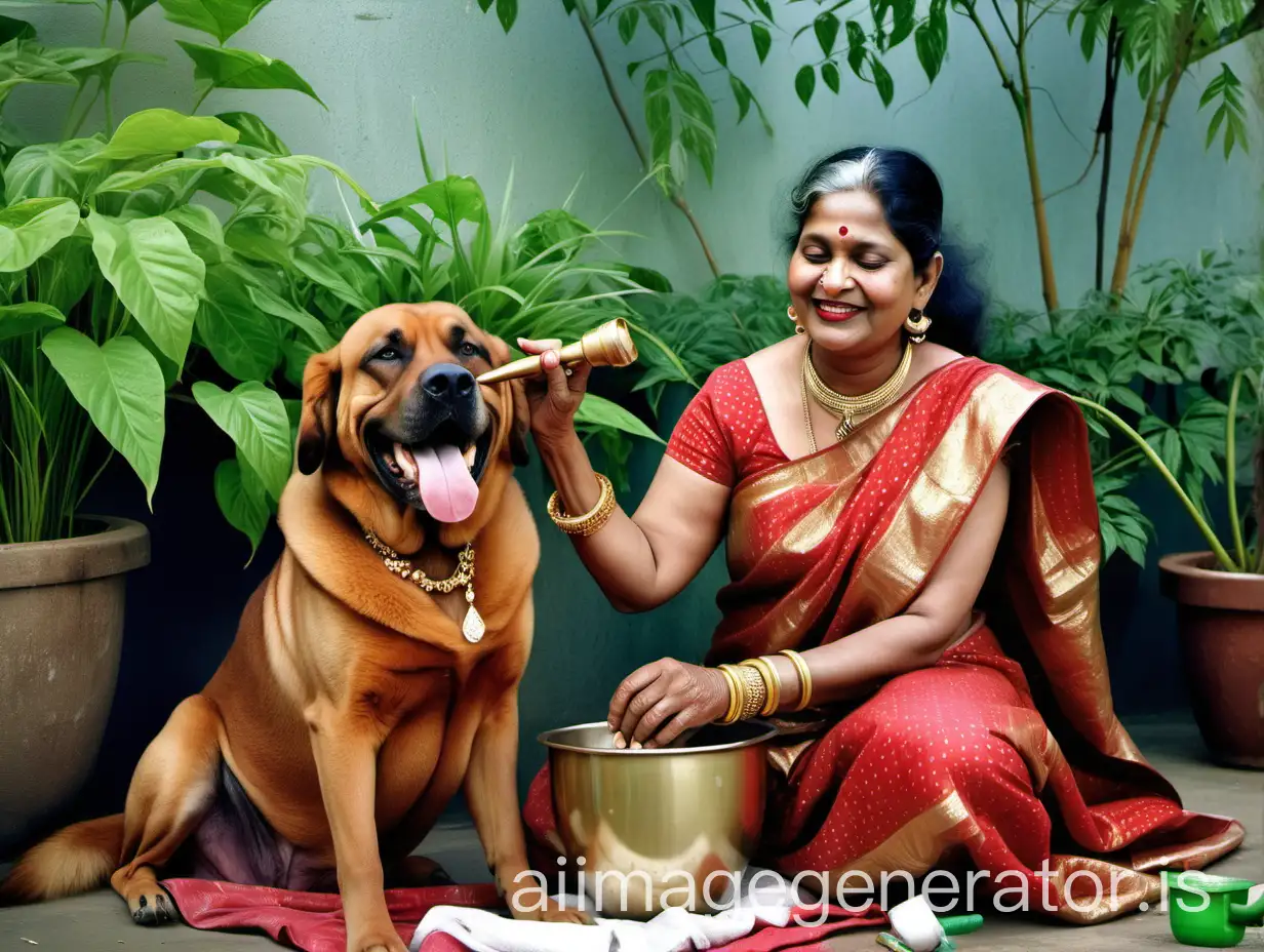 Mature-Indian-Woman-with-Mortar-and-Pestle-in-Lush-Garden-Setting